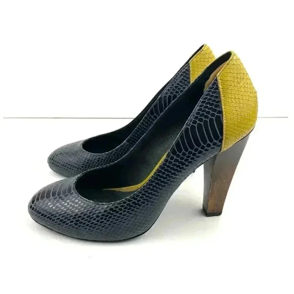Wooden Heels‎ Pumps Blue Yellow Snake Style 10 7 For All Mankind Women's Leather - Picture 5 of 13